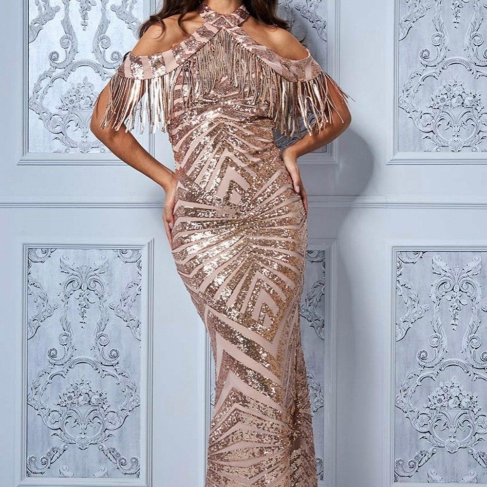 NEW Goddiva Fringe Collar Sequin Maxi Dress- Champagne